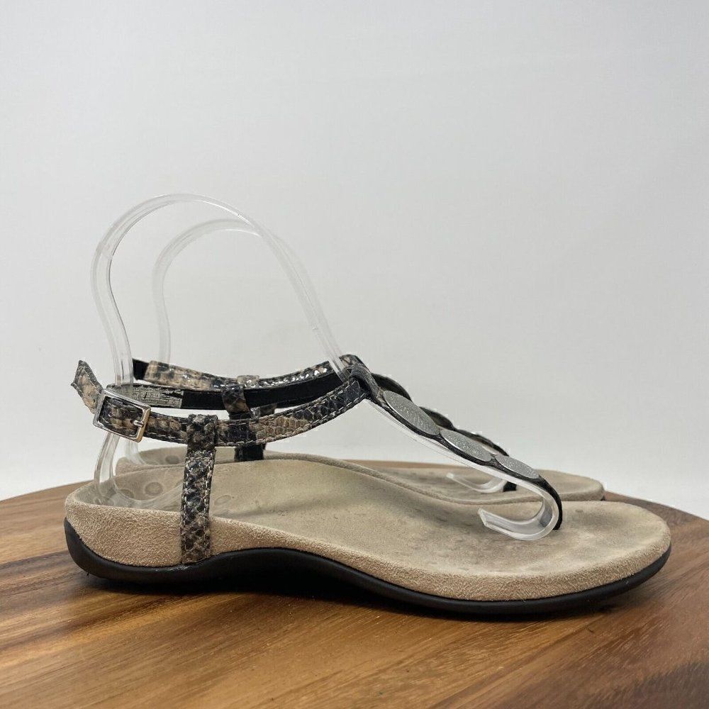Vionic Sandals Womens 5 Lizbeth Snake Thong Ankle Strap Flats Silver Accents